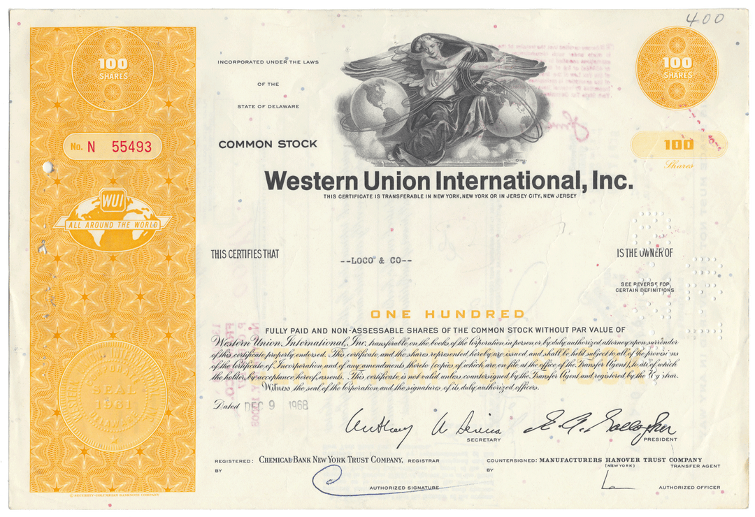 Vintage stock certificate of Western Union International, Inc. with decorative elements and text.