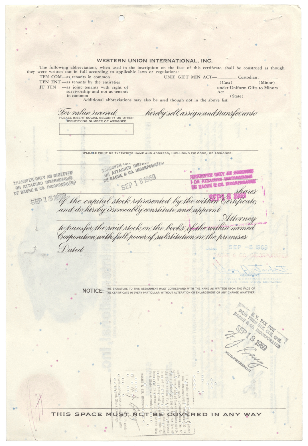 Western Union International, Inc. Stock Certificate