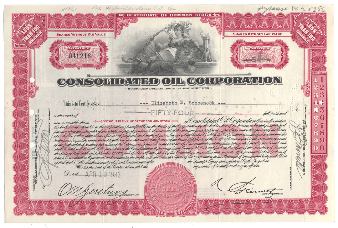 Consolidated Oil Corporation stock certificate with red and black design