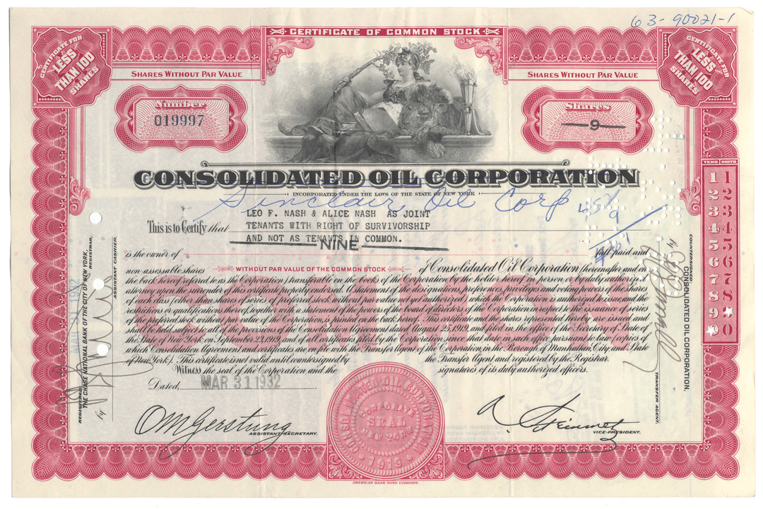 Certificate of Common Stock from Consolidated Oil Corporation with red and black design elements.