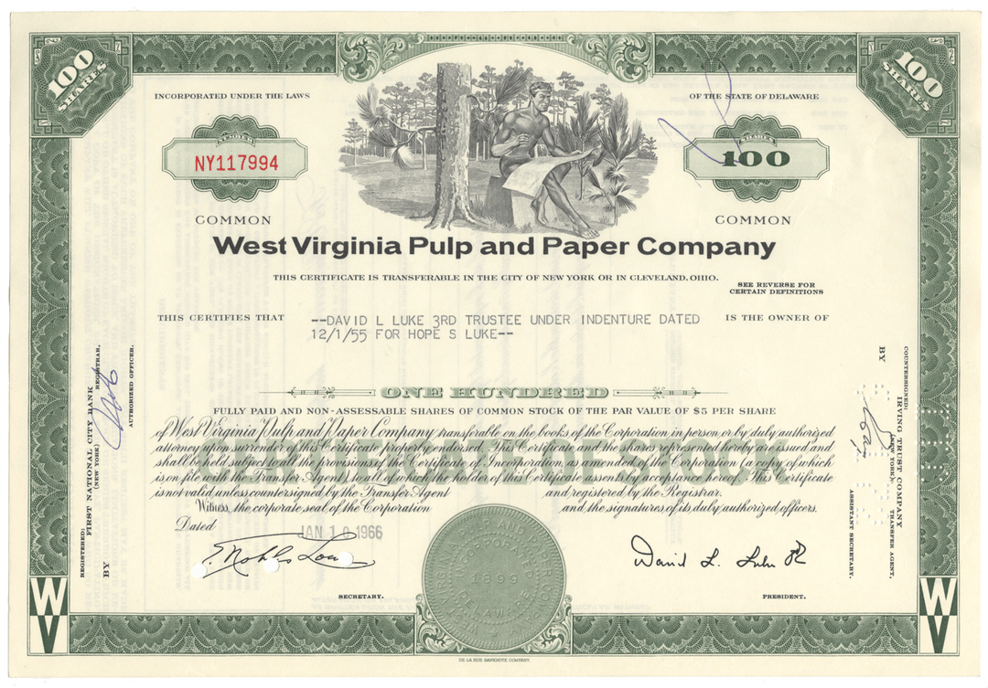 West Virginia Pulp and Paper Company Stock Certificate