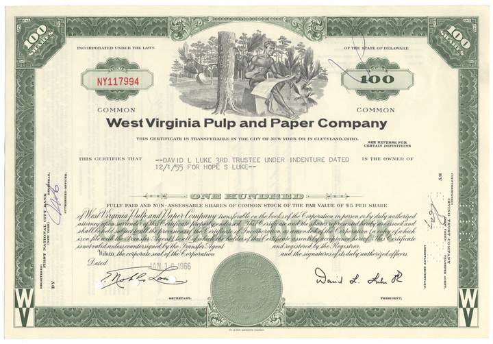 West Virginia Pulp and Paper Company Stock Certificate