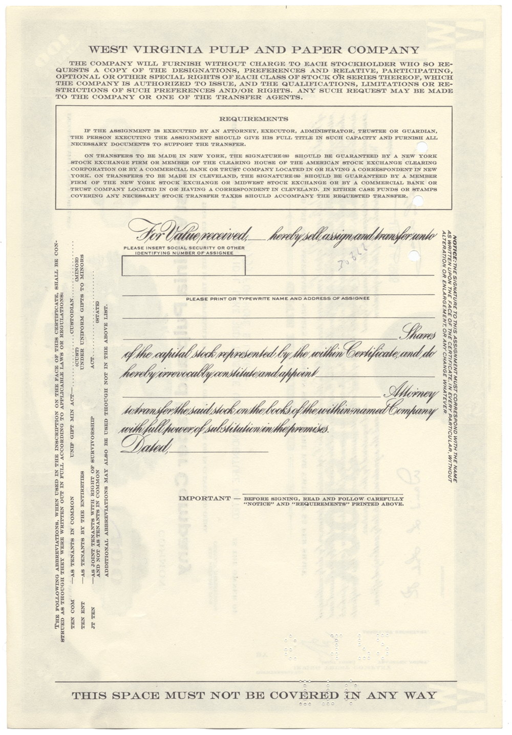 West Virginia Pulp and Paper Company Stock Certificate