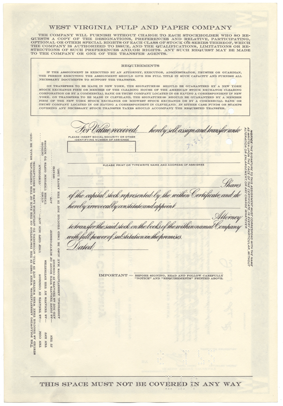 West Virginia Pulp and Paper Company Stock Certificate