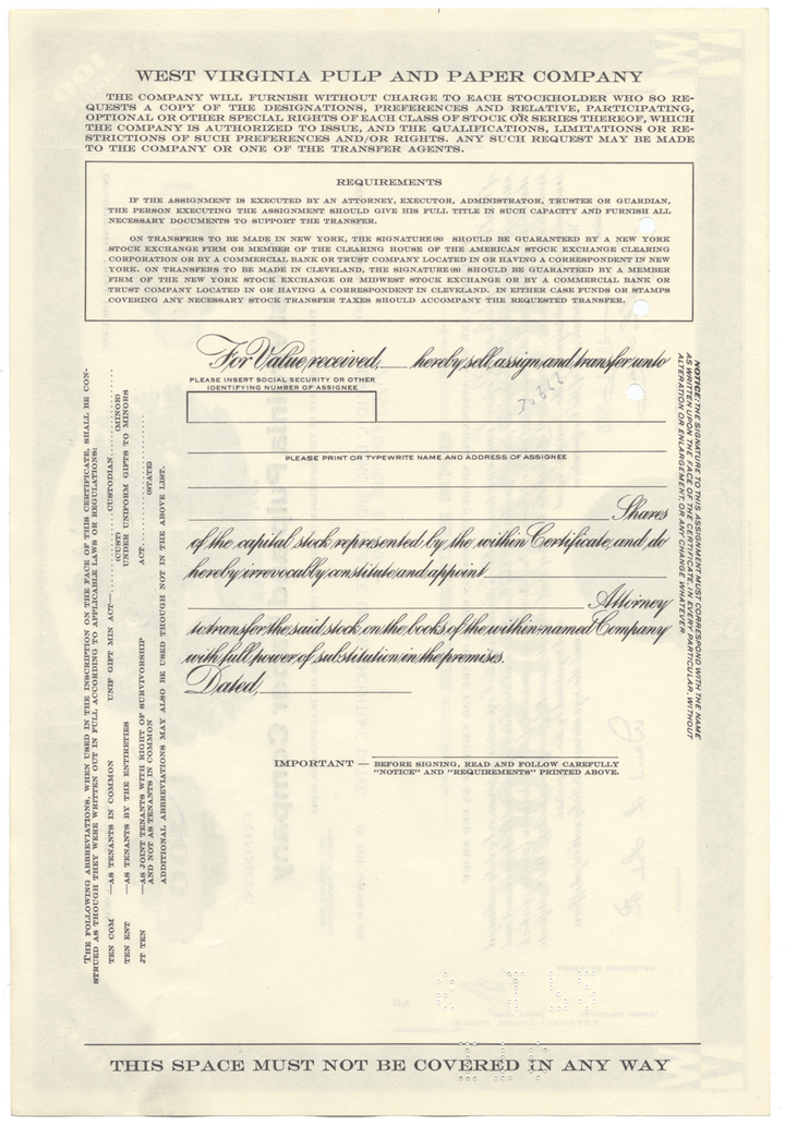 West Virginia Pulp and Paper Company Stock Certificate