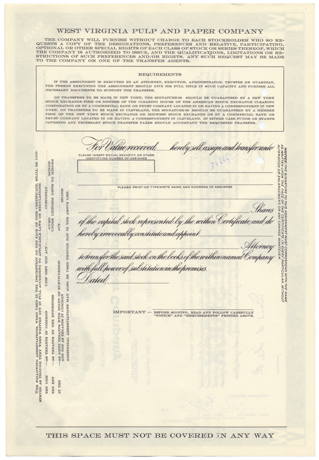 West Virginia Pulp and Paper Company Stock Certificate