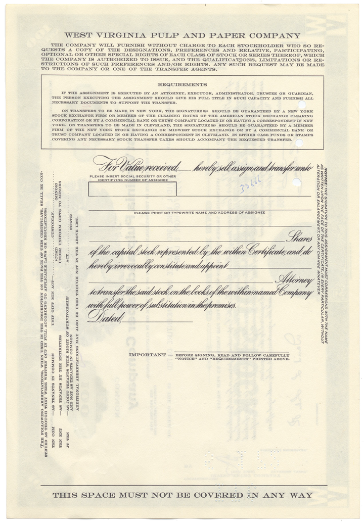 West Virginia Pulp and Paper Company Stock Certificate