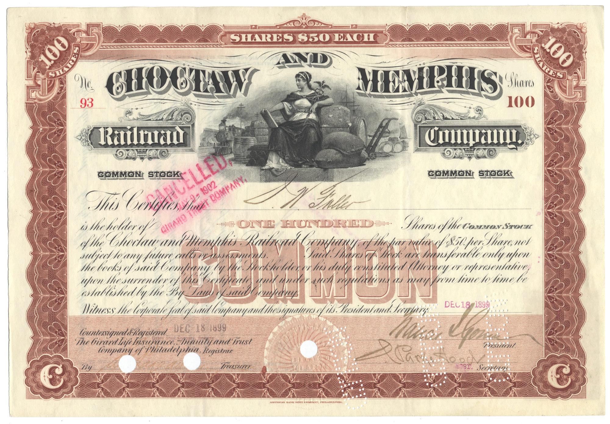 Choctaw and Memphis Railroad Company Stock Certificate