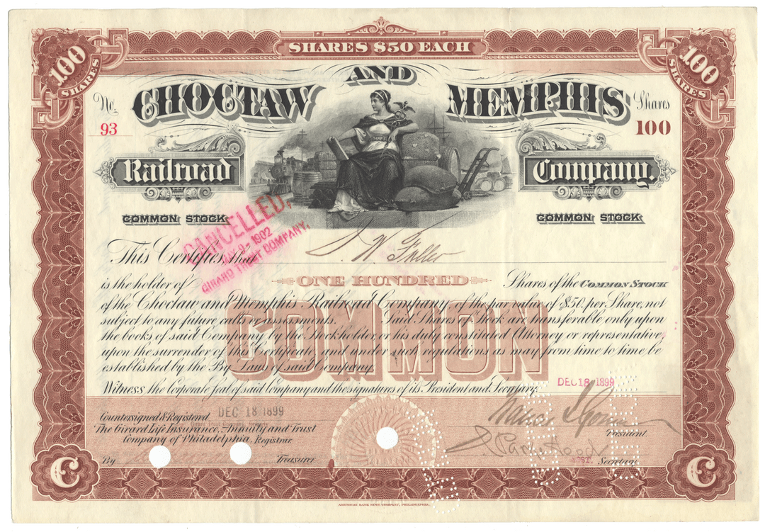 Choctaw and Memphis Railroad Company Stock Certificate