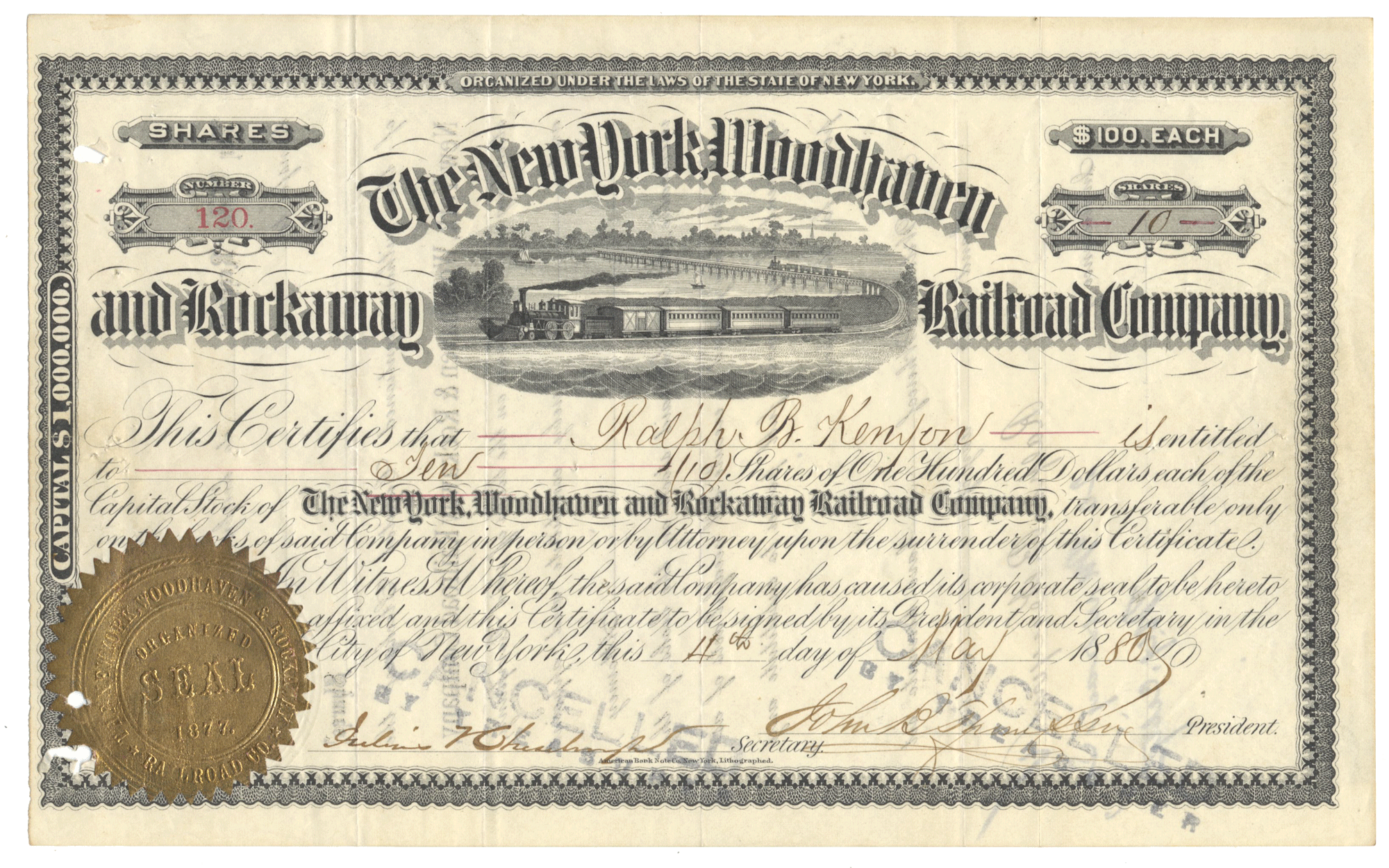 Vintage stock certificate of The New York, Woodhaven and Rockaway Railroad Company from 1880