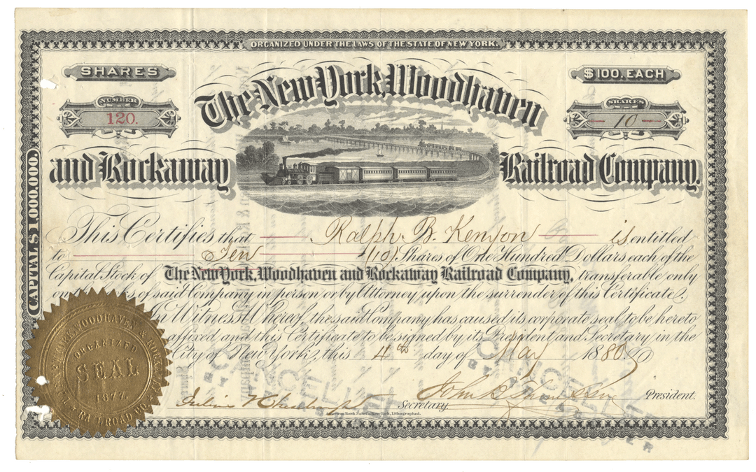 Vintage stock certificate of The New York, Woodhaven and Rockaway Railroad Company from 1880