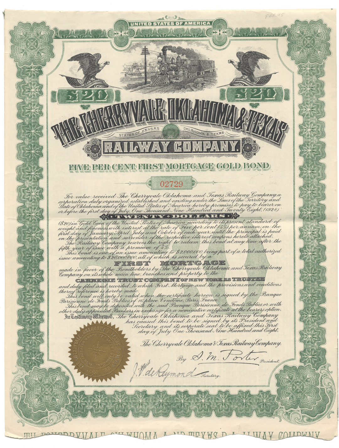 Historical Cherryvale, Oklahoma & Texas Railway bond certificate with decorative elements and text.