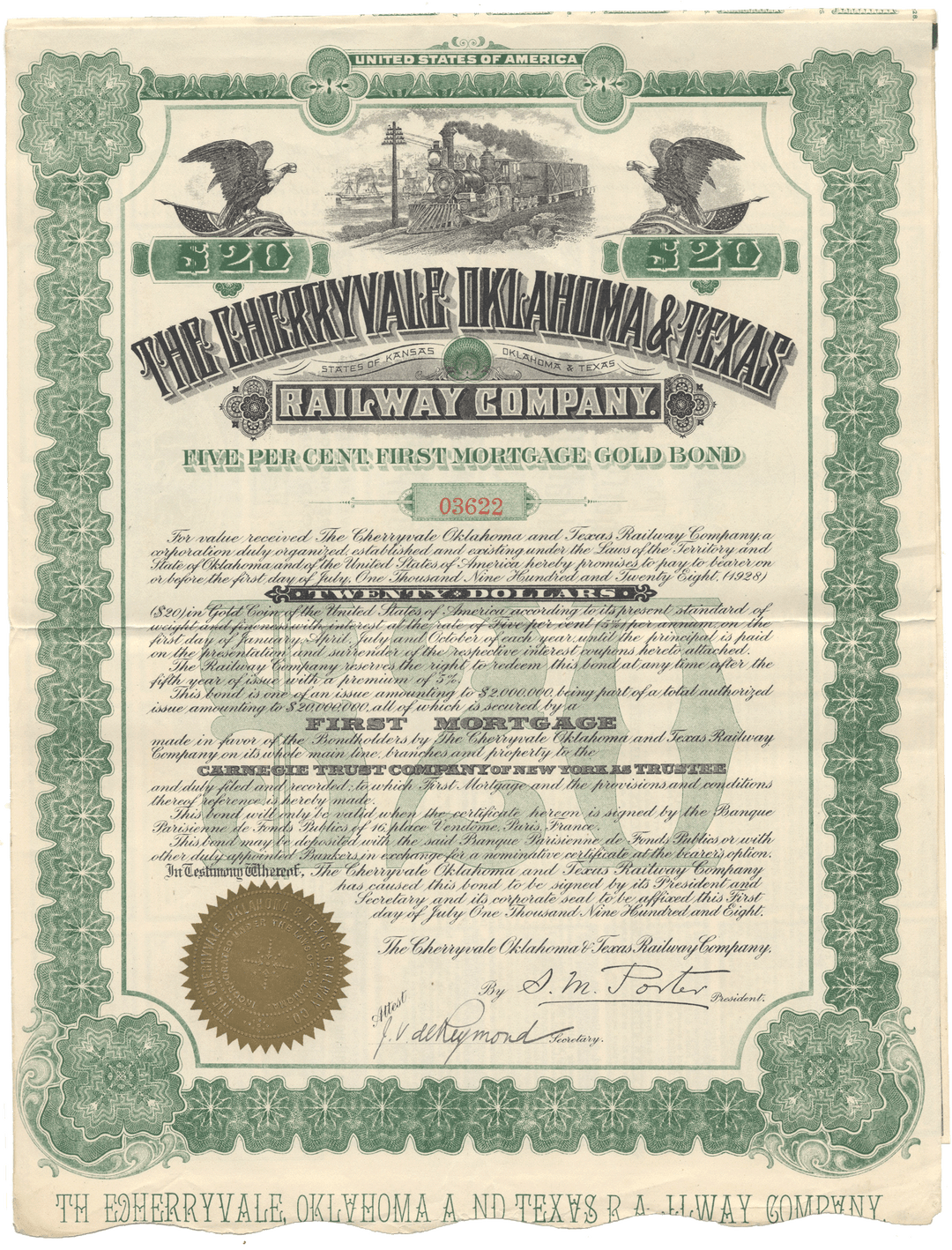 Vintage railway bond certificate from the Cherryvale Oklahoma & Texas Railway Company with decorative elements from 1908
