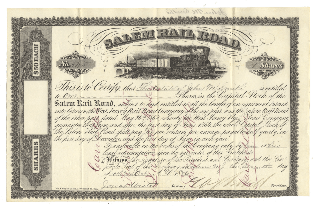 Salem Rail Road stock certificate from 1886 with text and illustration of a train.