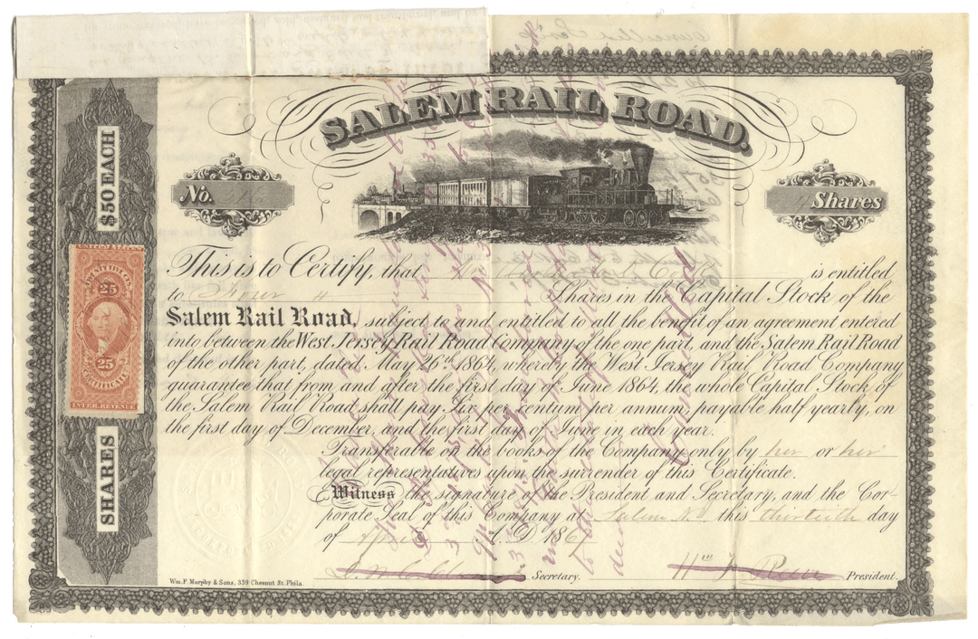 An antique Salem Rail Road stock certificate from 1867 featuring a central illustration of a train on tracks