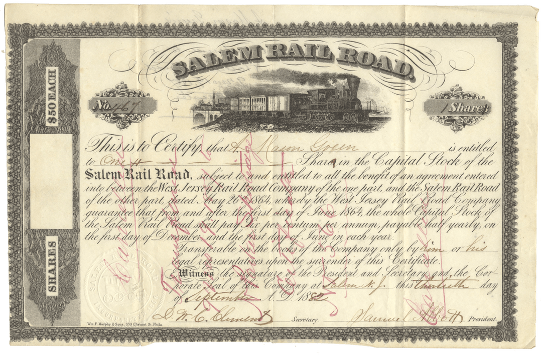 An antique stock certificate from the Salem Rail Road (New Jersey) dated 1882