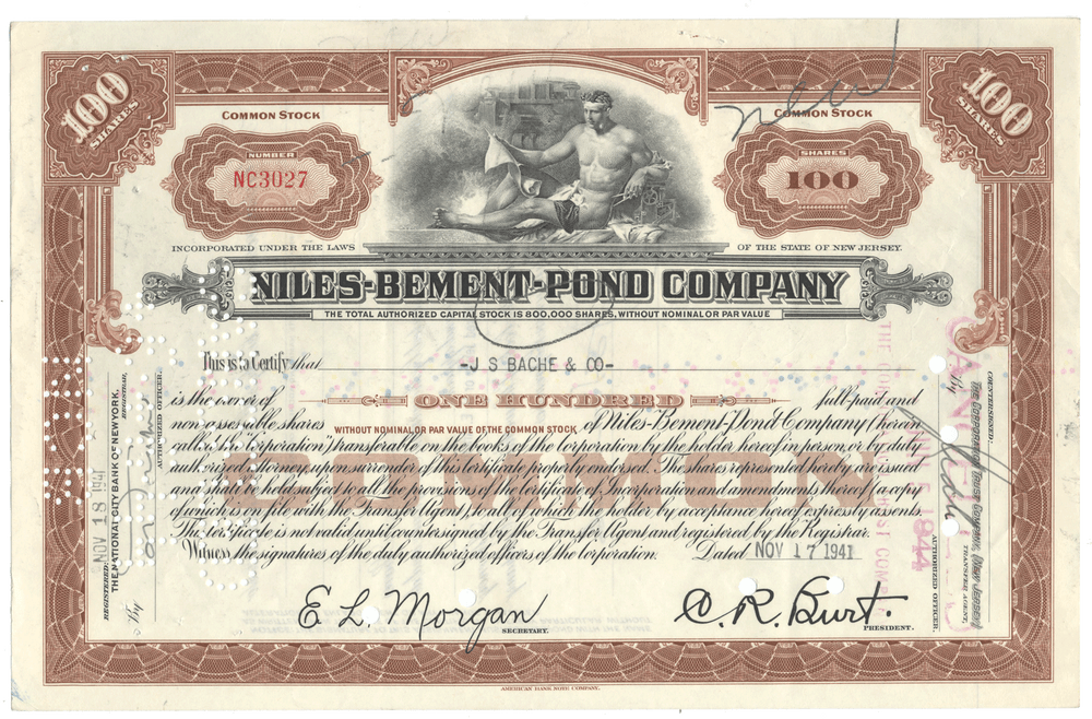 Vintage stock certificate for the Niles-Bement-Pond Company.