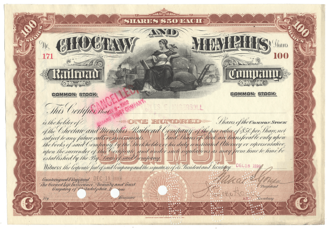 Vintage stock certificate for the Choctaw and Memphis Railroad Company with a steam locomotive illustration dating back to 1899