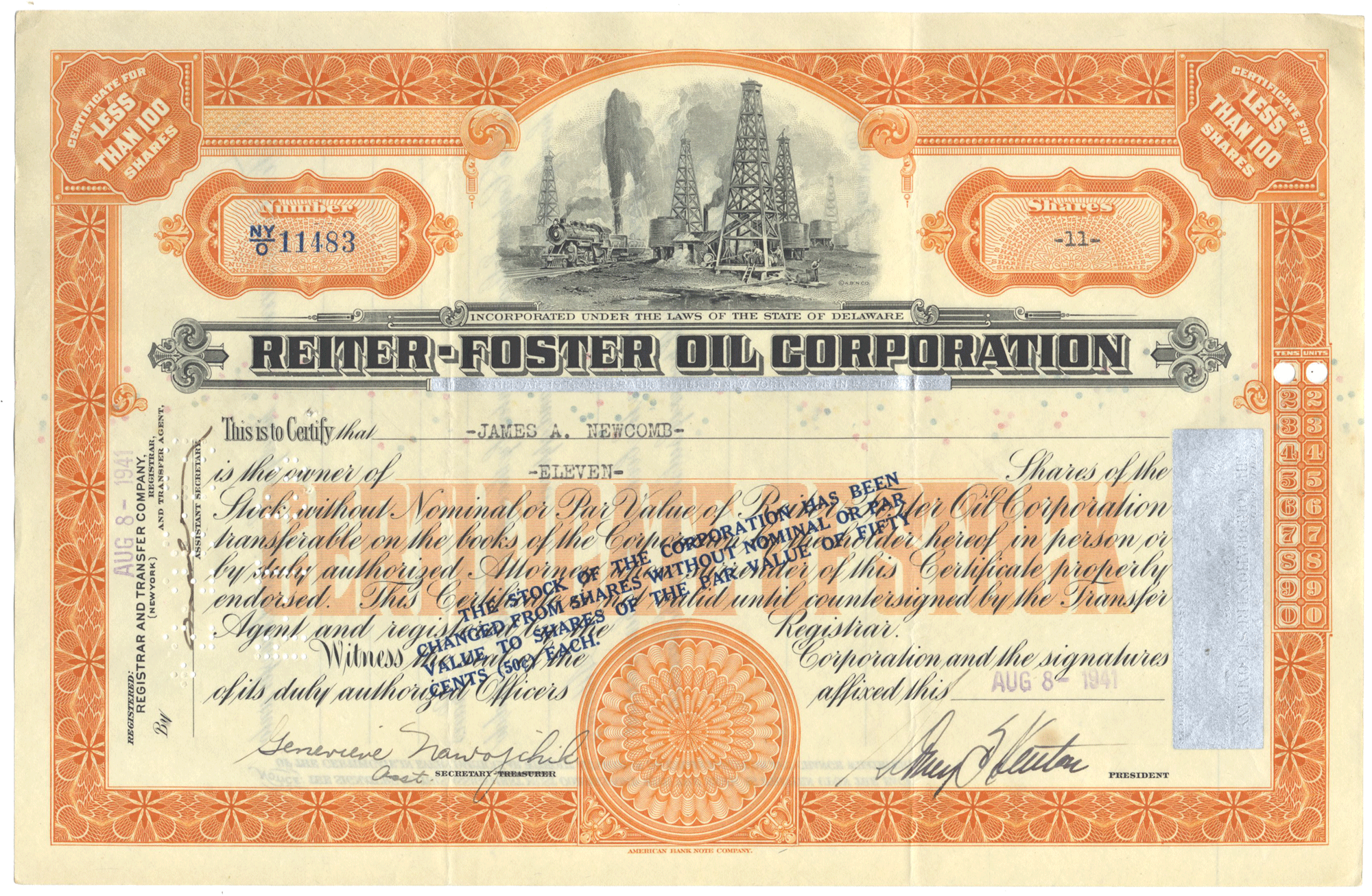 Reiter-Foster Oil Corporation Stock Certificate