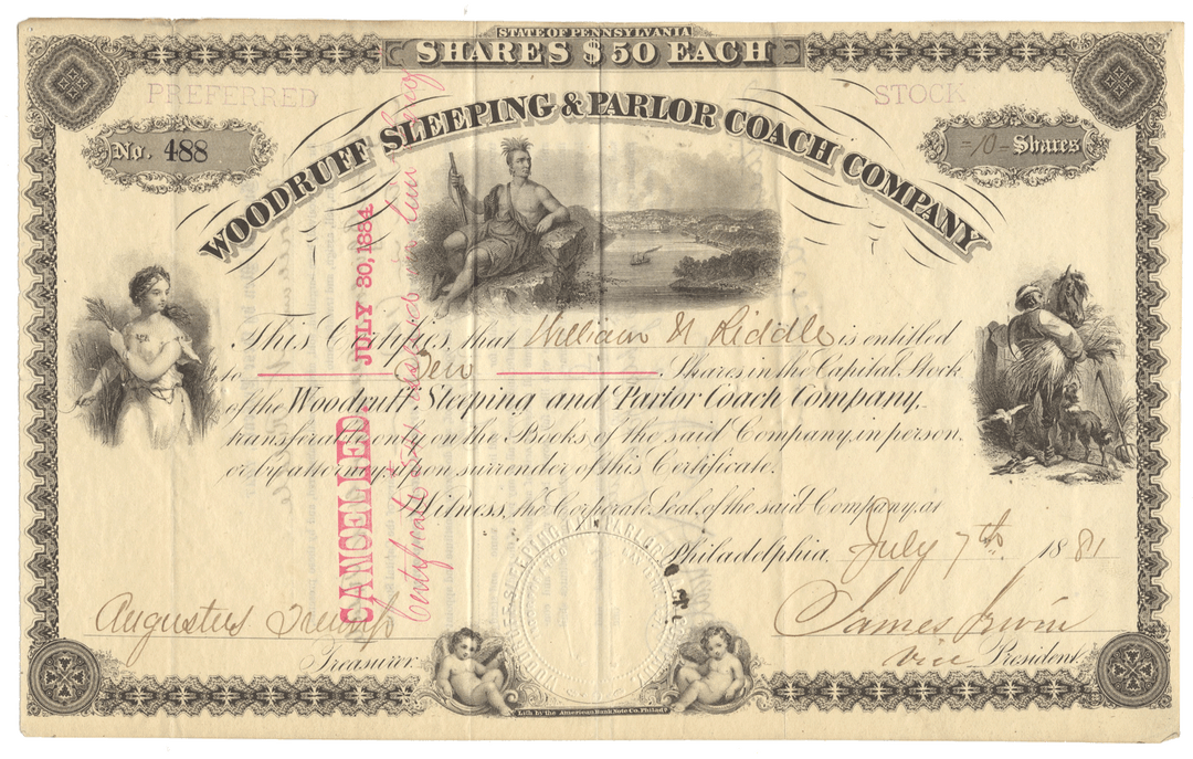 Vintage stock certificate for Woodruff Sleeping & Parlor Coach Company with illustrations from 1881