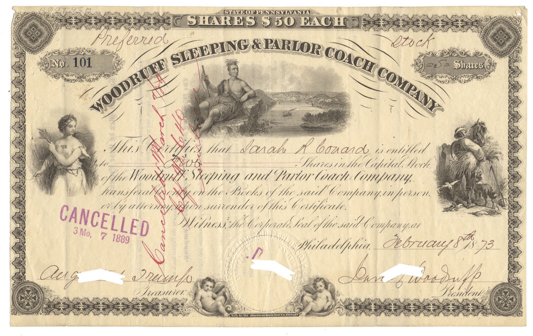 Woodruff Sleeping & Parlor Coach Company stock certificate from 1873 Signed by Jonah Woodruff