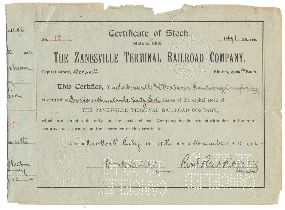 Certificate of Stock from The Zanesville Terminal Railroad Company with text and signatures.