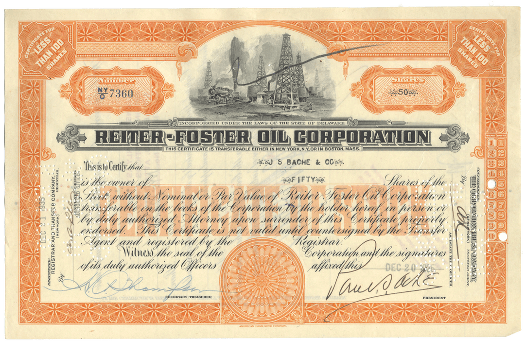 Reiter-Foster Oil Corporation Stock Certificate