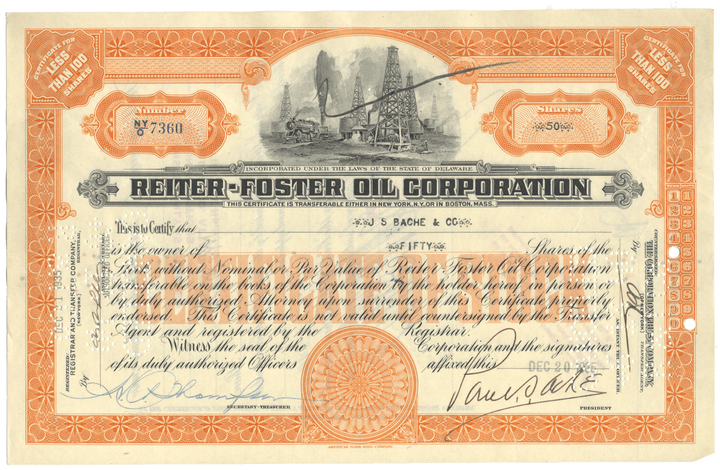 Reiter-Foster Oil Corporation Stock Certificate