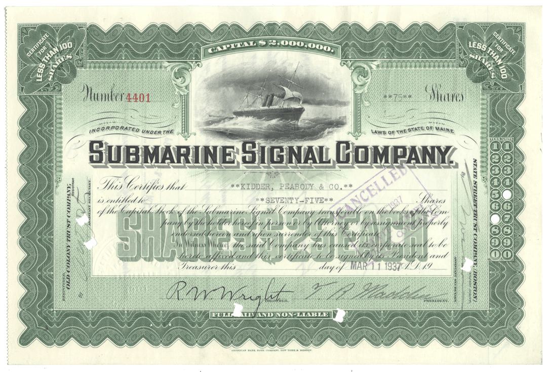 Submarine Signal Company Stock Certificate