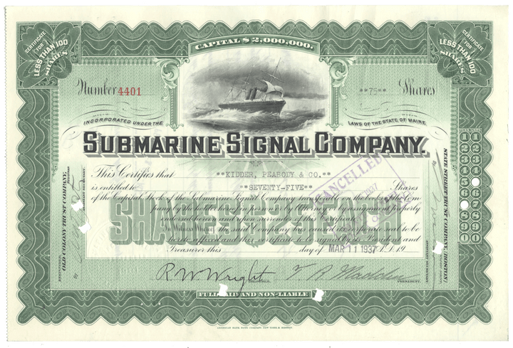 Submarine Signal Company Stock Certificate