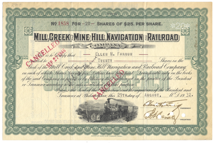 Mill Creek and Mine Hill Navigation and Railroad Company Stock Certificate