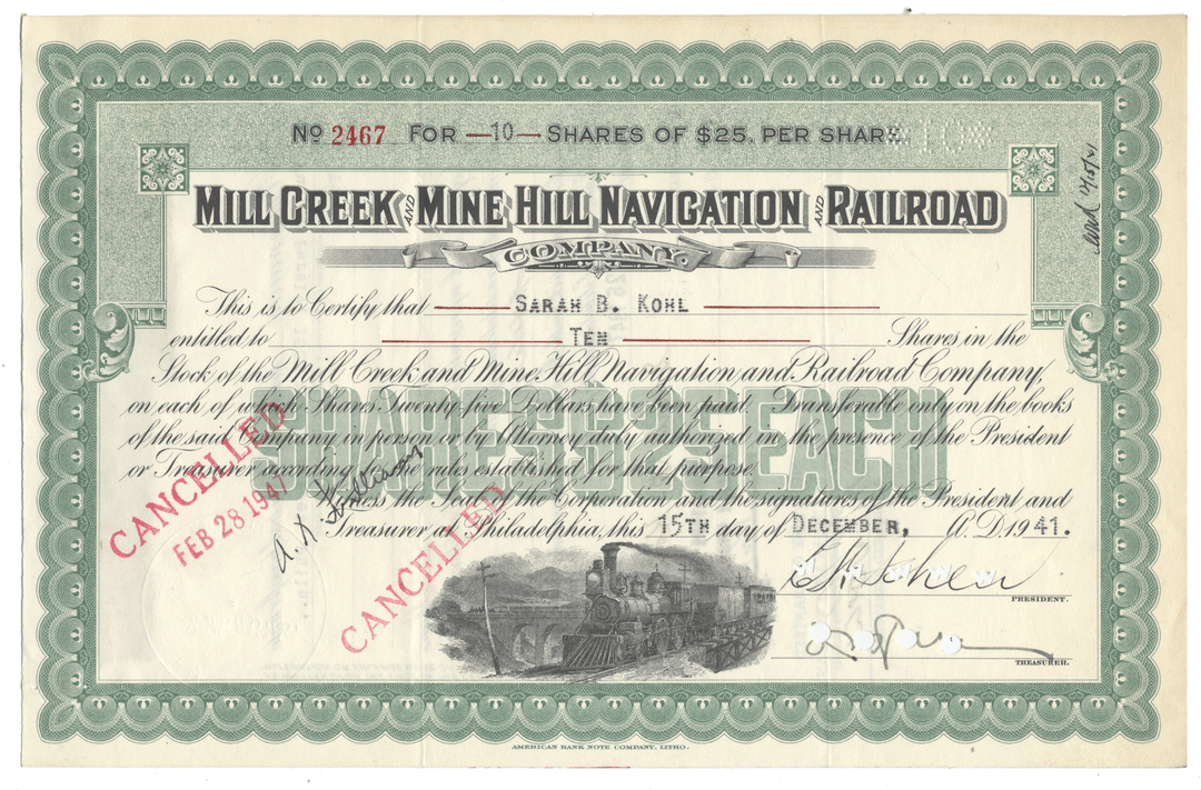Mill Creek and Mine Hill Navigation and Railroad Company stock certificate with a steam locomotive illustration from 1941