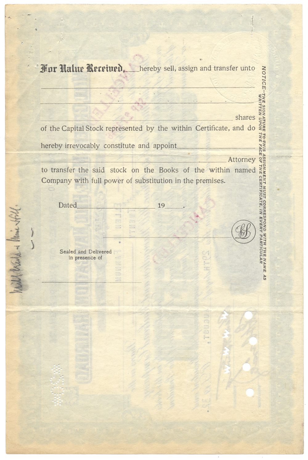 Mill Creek and Mine Hill Navigation and Railroad Company Stock Certificate