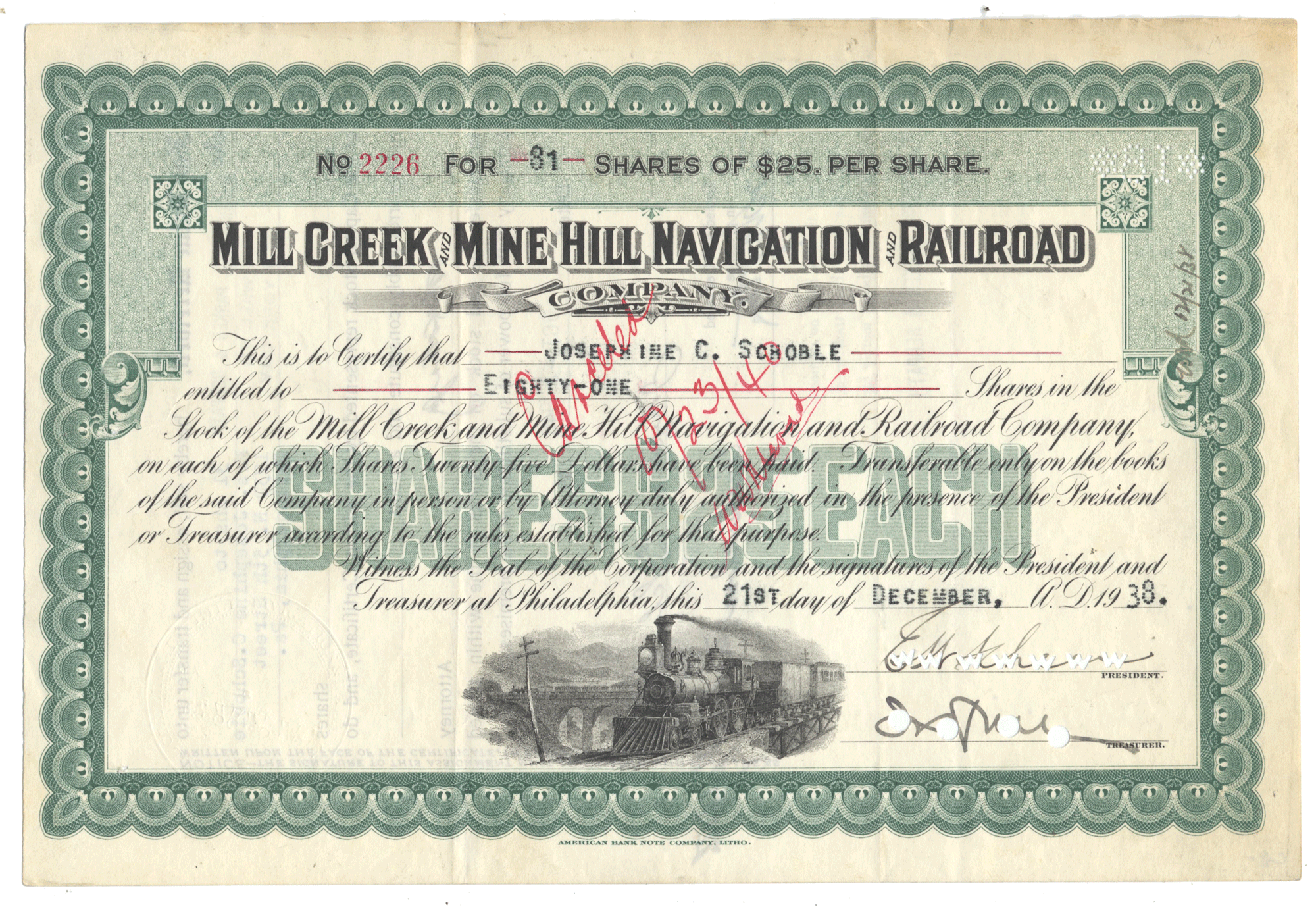 Historical stock certificate for Mill Creek & Mine Hill Navigation Railroad Company with a steam locomotive illustration from 1938.