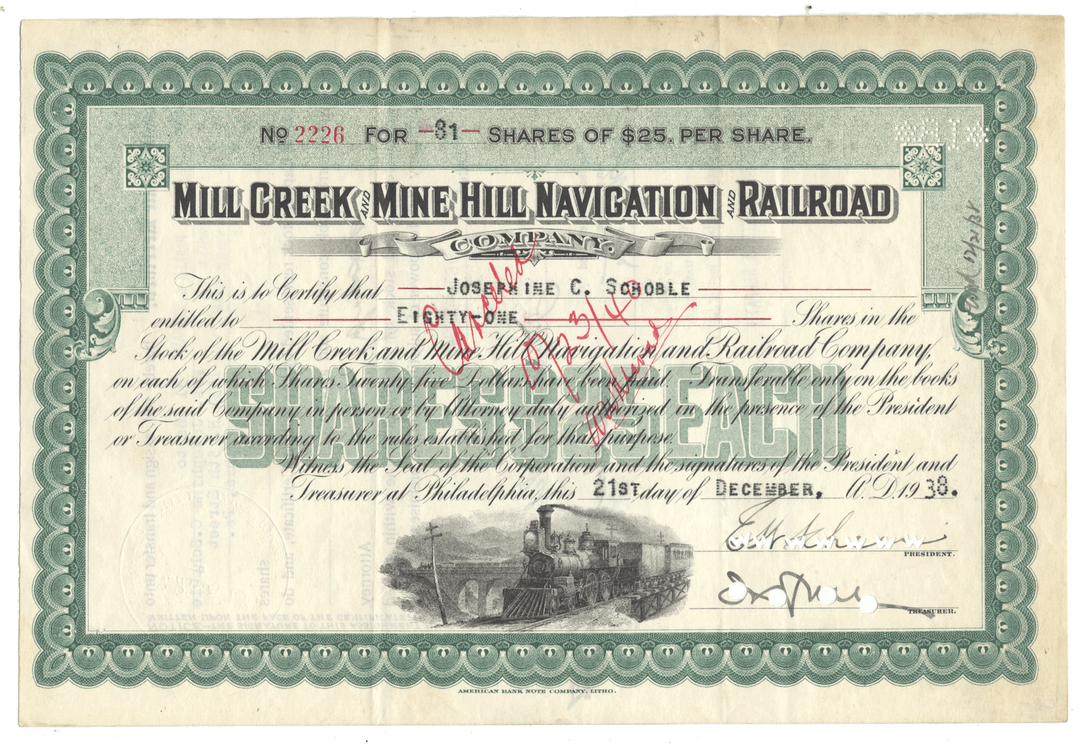 Historical stock certificate for Mill Creek & Mine Hill Navigation Railroad Company with a steam locomotive illustration from 1938.