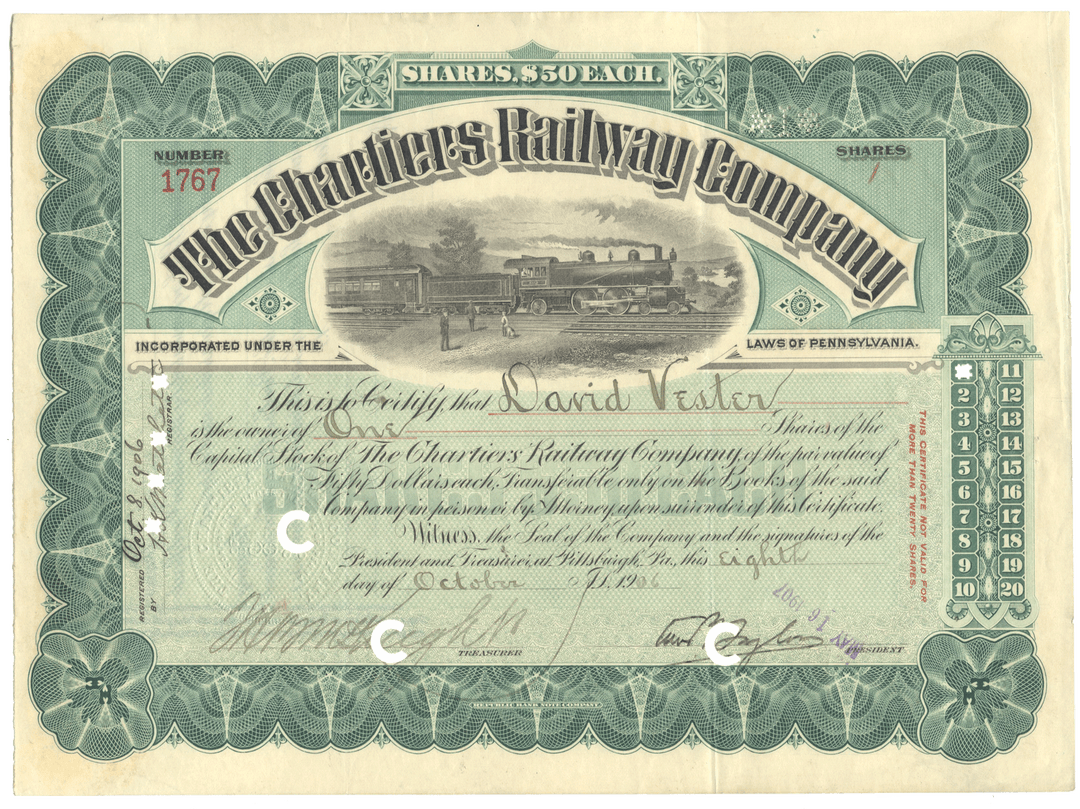 Share certificate of the Charlestown Railway Company with decorative elements and train illustration.