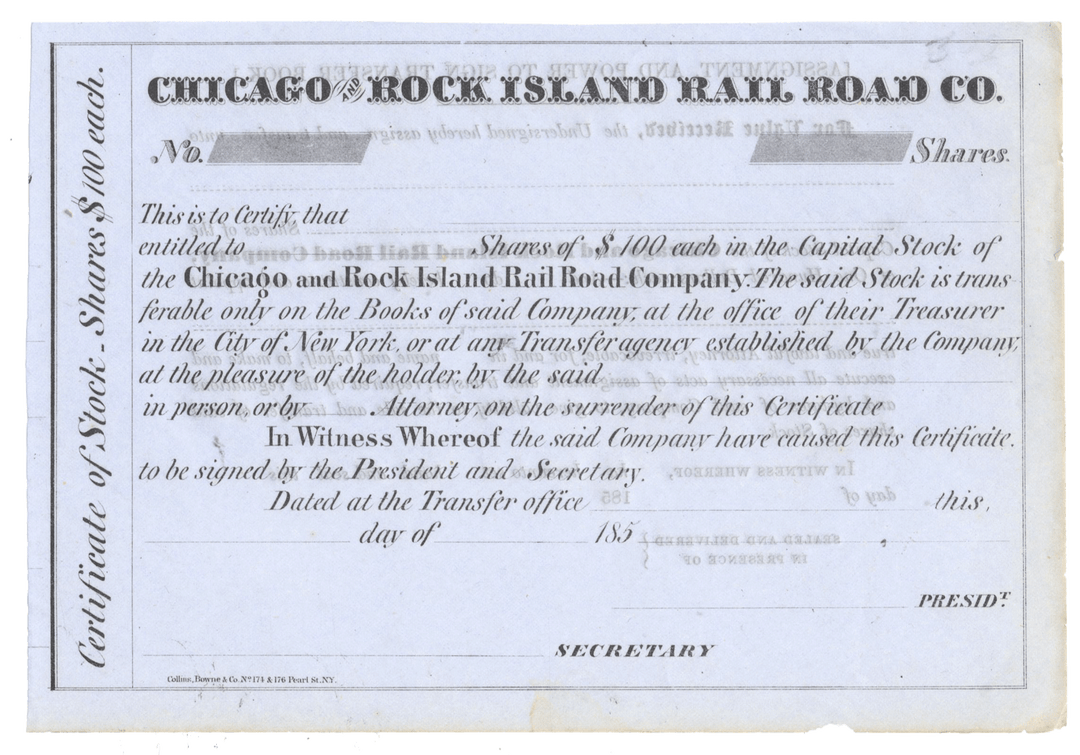 Stock certificate from the Chicago and Rock Island Rail Road Company
