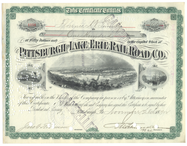 Pittsburgh and Lake Erie Railroad Company Stock Certificate Signed by Florence Adele Vanderbilt Twombly