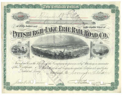 Pittsburgh and Lake Erie Railroad Company Stock Certificate Signed by Florence Adele Vanderbilt Twombly