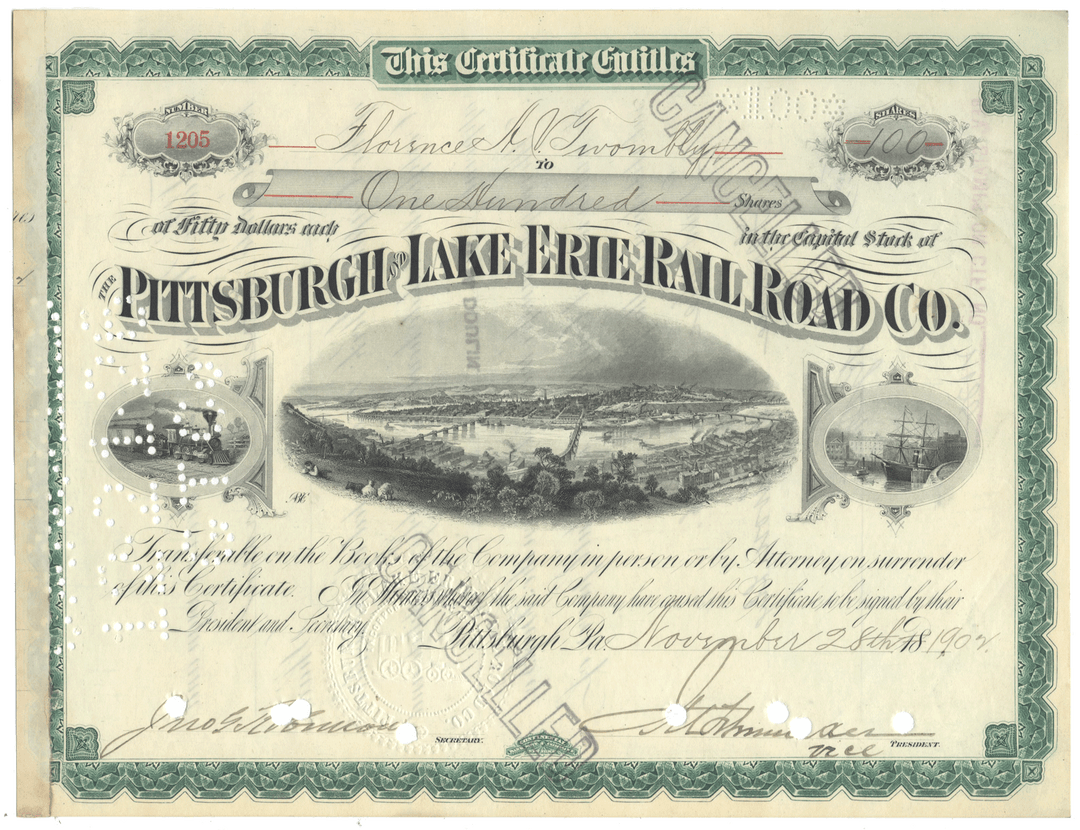 Pittsburgh and Lake Erie Railroad Company Stock Certificate Signed by Florence Adele Vanderbilt Twombly