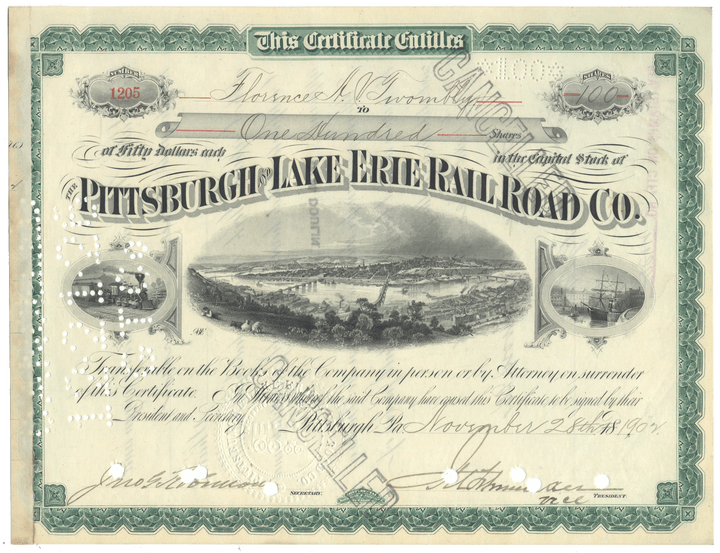 Pittsburgh and Lake Erie Railroad Company Stock Certificate Signed by Florence Adele Vanderbilt Twombly