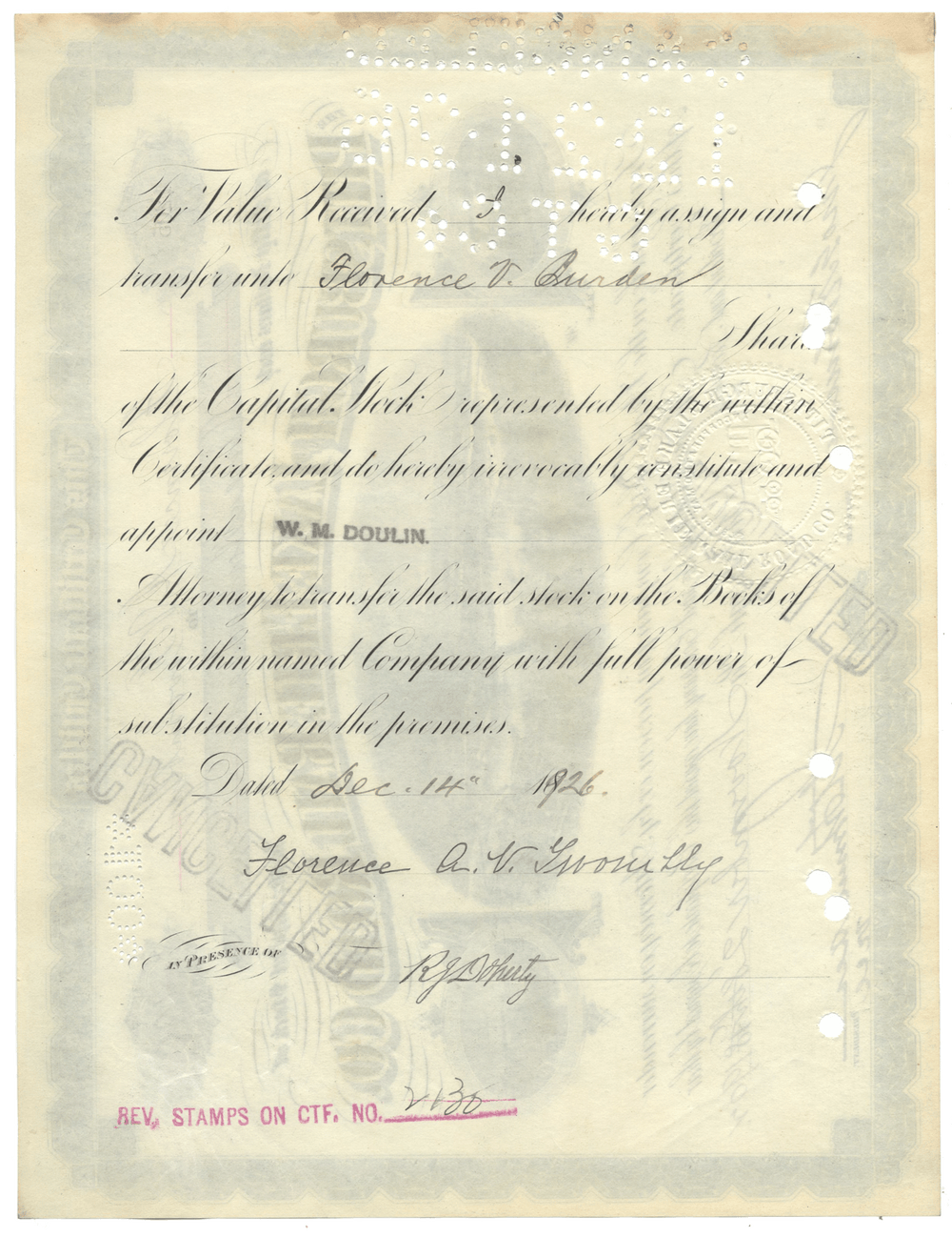 Pittsburgh and Lake Erie Railroad Company Stock Certificate Signed by Florence Adele Vanderbilt Twombly