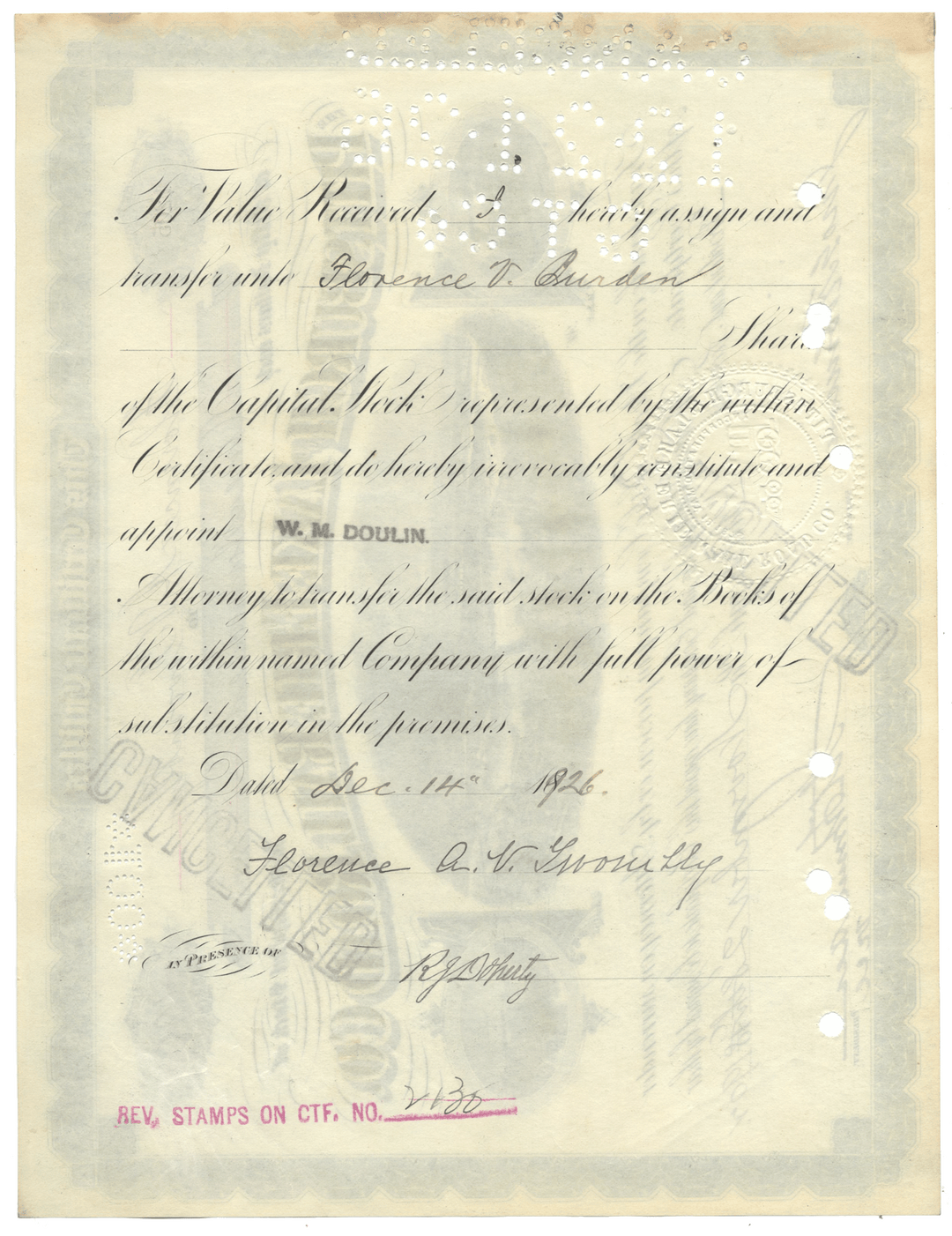 Pittsburgh and Lake Erie Railroad Company Stock Certificate Signed by Florence Adele Vanderbilt Twombly