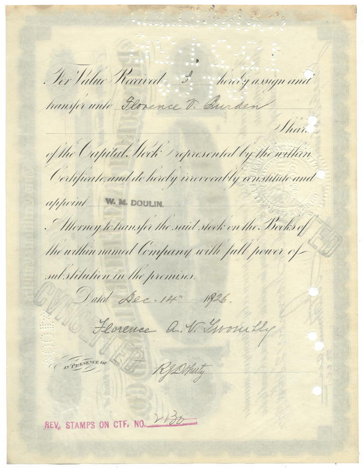 Pittsburgh and Lake Erie Railroad Company Stock Certificate Signed by Florence Adele Vanderbilt Twombly