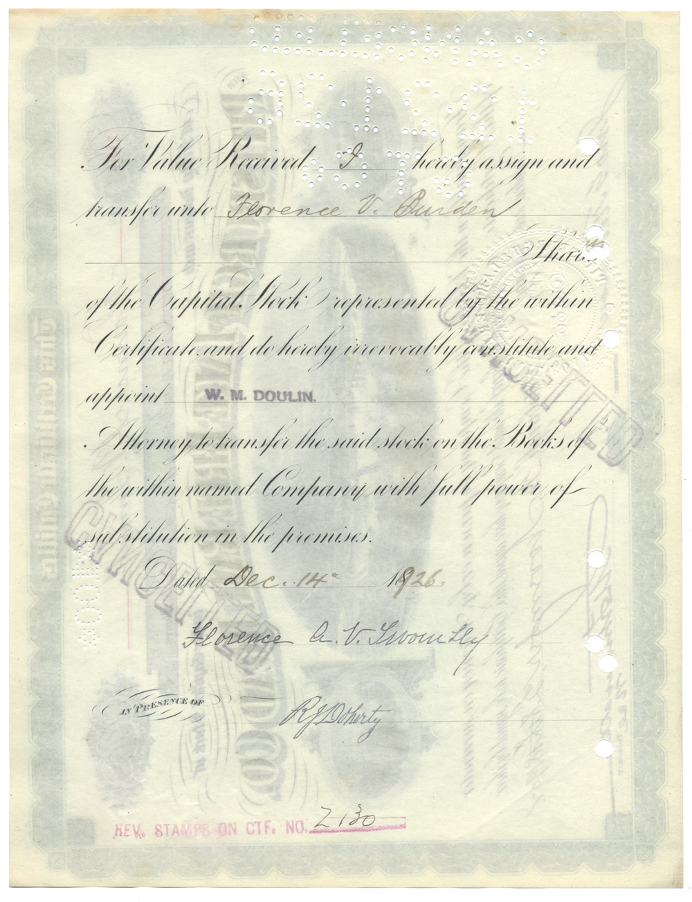 Pittsburgh and Lake Erie Railroad Company Stock Certificate Signed by Florence Adele Vanderbilt Twombly