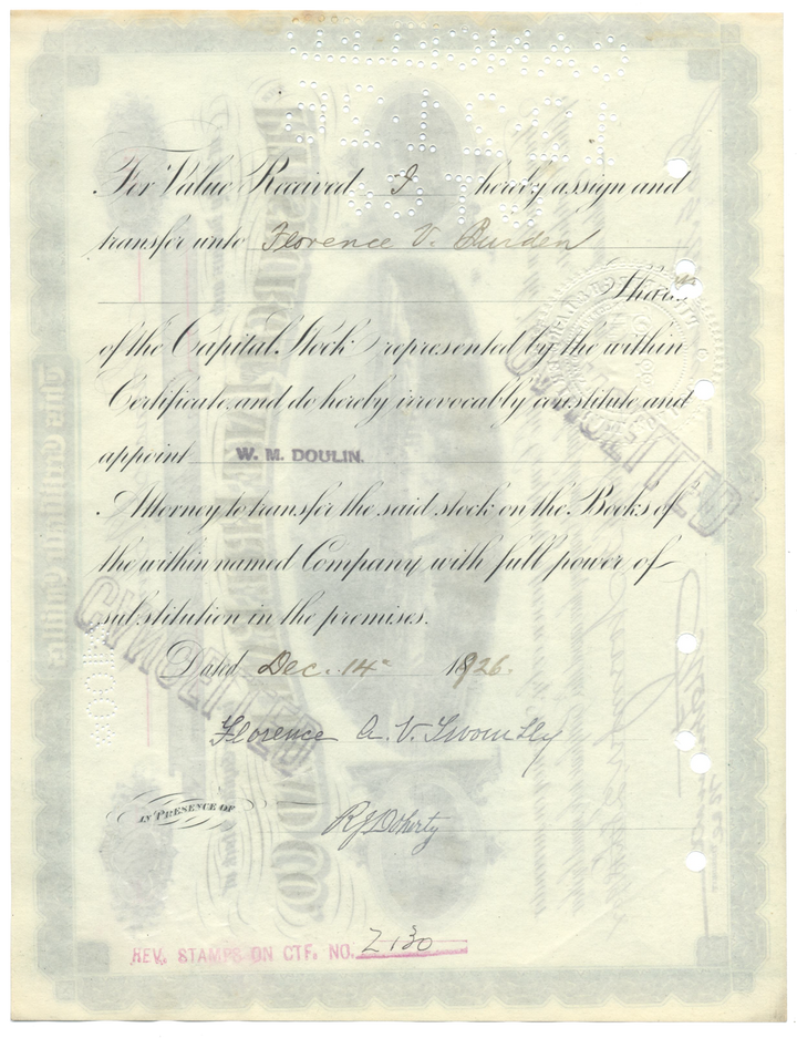 Pittsburgh and Lake Erie Railroad Company Stock Certificate Signed by Florence Adele Vanderbilt Twombly