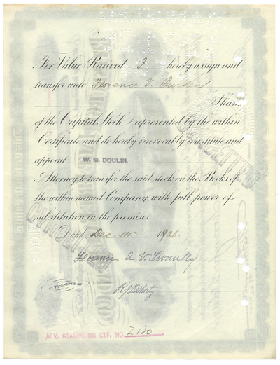 Pittsburgh and Lake Erie Railroad Company Stock Certificate Signed by Florence Adele Vanderbilt Twombly