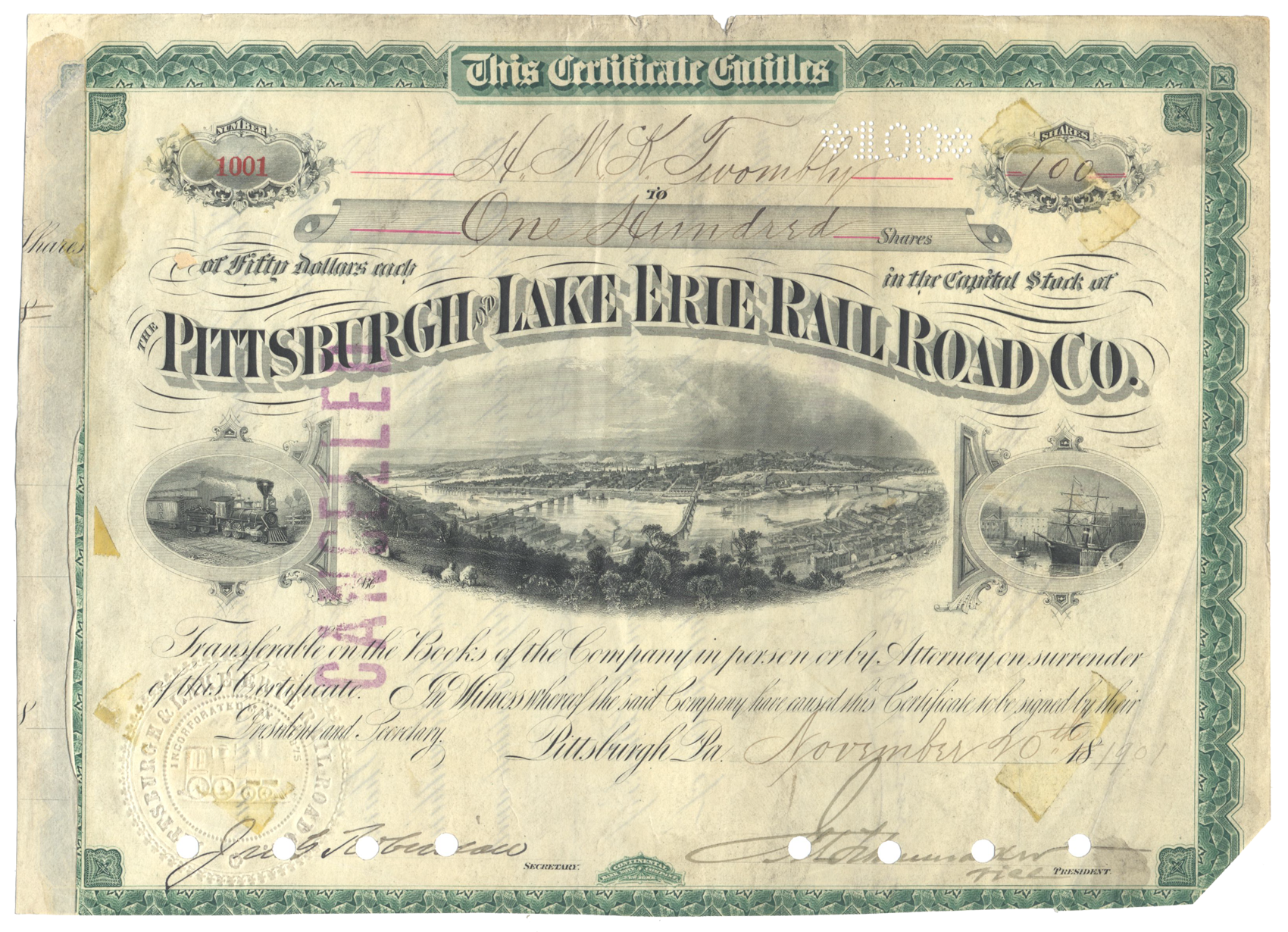Pittsburgh and Lake Erie Railroad Company Stock Certificate Issued to Hamilton McKown Twombly
