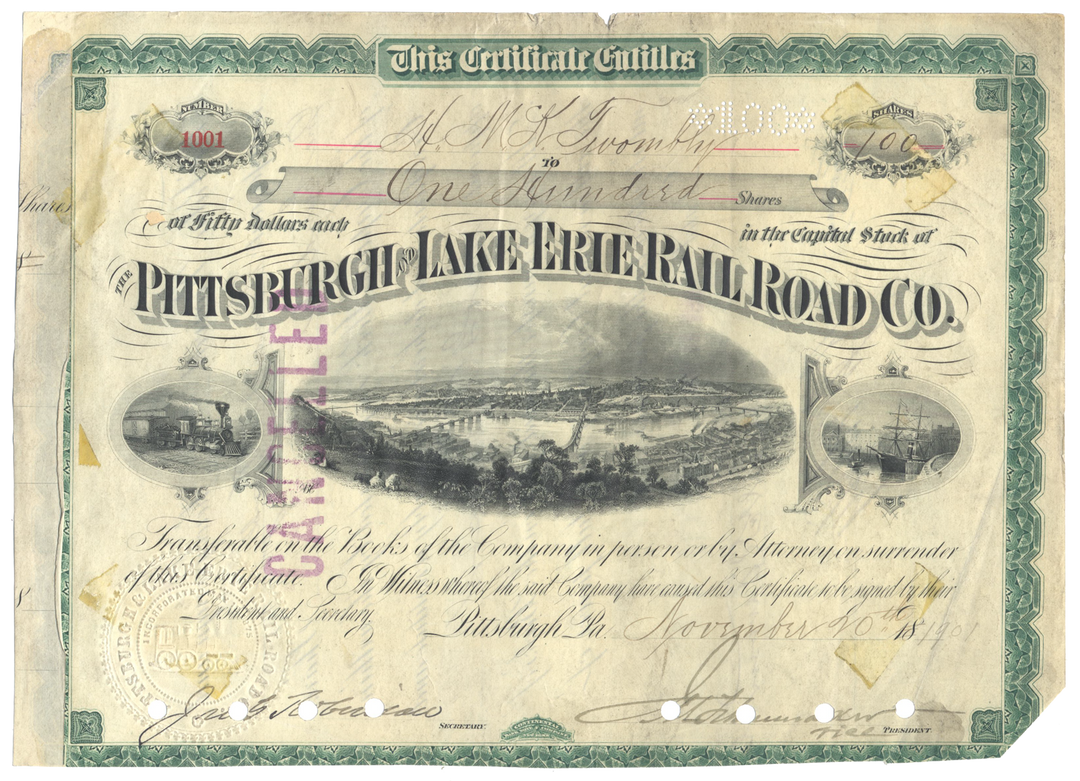 Pittsburgh and Lake Erie Railroad Company Stock Certificate Issued to Hamilton McKown Twombly