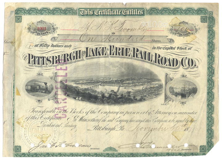 Pittsburgh and Lake Erie Railroad Company Stock Certificate Issued to Hamilton McKown Twombly